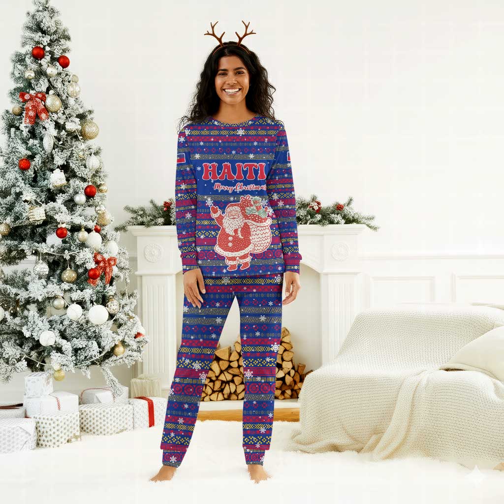 Haiti Christmas Pajama Set Blue Red Xmas Santa Snowflake and Map - African Pride