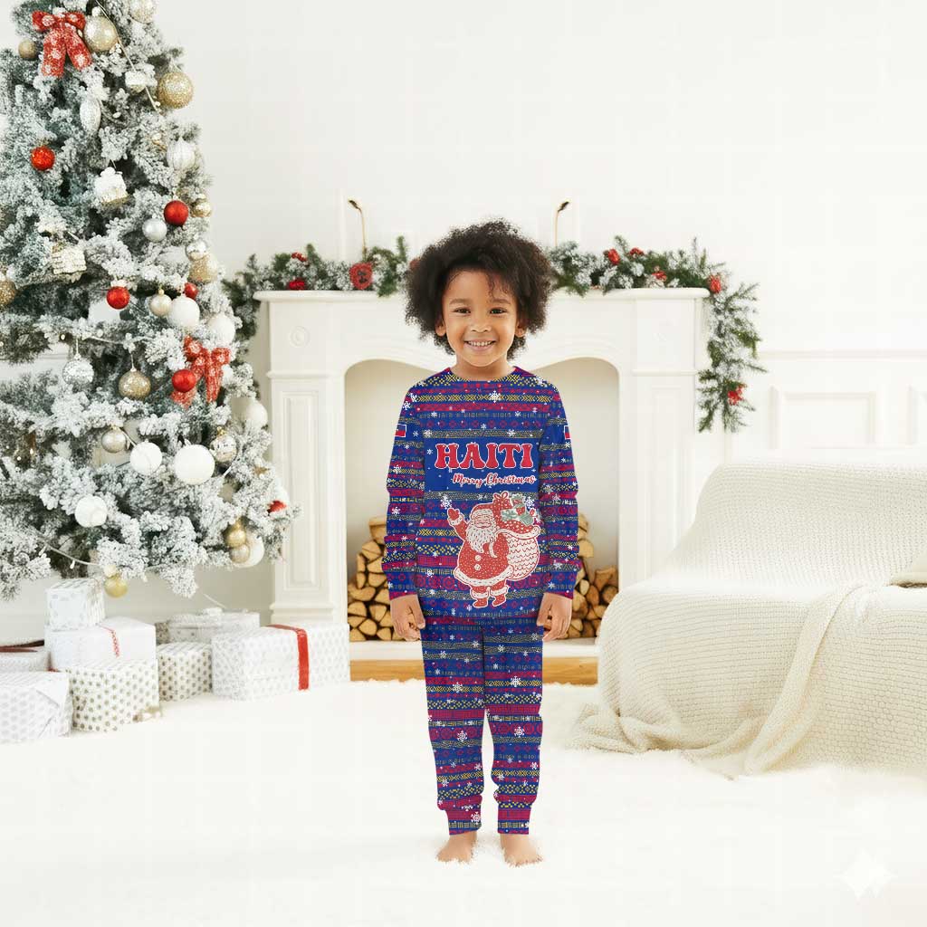 Haiti Christmas Pajama Set Blue Red Xmas Santa Snowflake and Map - African Pride