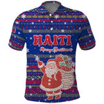 Haiti Christmas Polo Shirt Blue Red Xmas Santa Snowflake and Map - African Pride