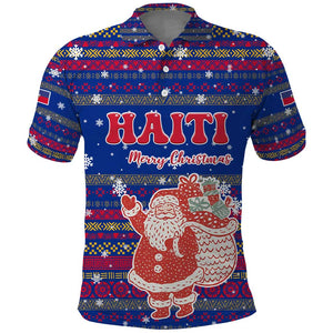 Haiti Christmas Polo Shirt Blue Red Xmas Santa Snowflake and Map - African Pride