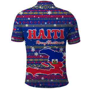 Haiti Christmas Polo Shirt Blue Red Xmas Santa Snowflake and Map - African Pride