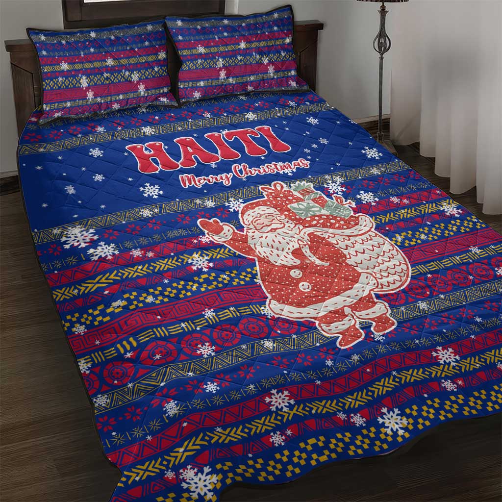 Haiti Christmas Quilt Bed Set Blue Red Xmas Santa Snowflake and Map - African Pride