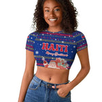 Haiti Christmas Raglan Cropped T shirt Blue Red Xmas Santa Snowflake and Map - African Pride