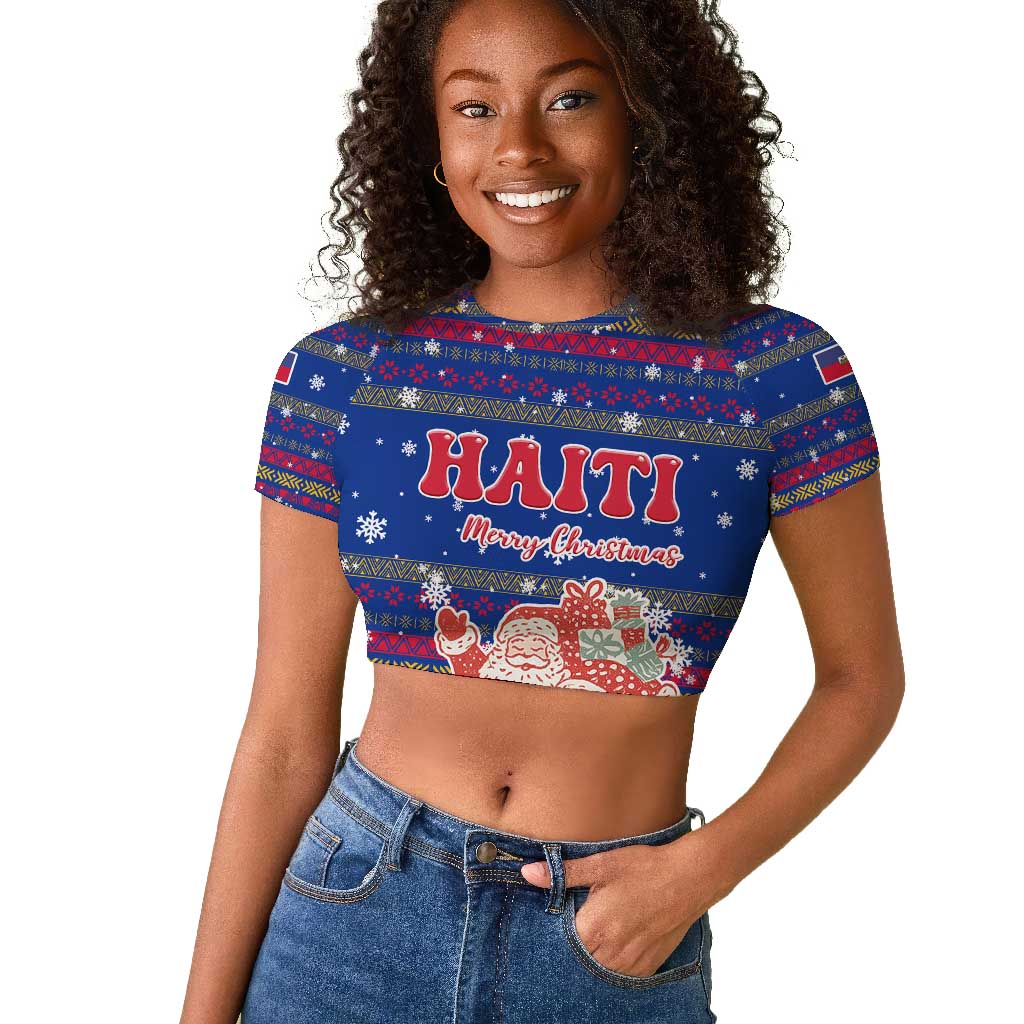 Haiti Christmas Raglan Cropped T shirt Blue Red Xmas Santa Snowflake and Map - African Pride