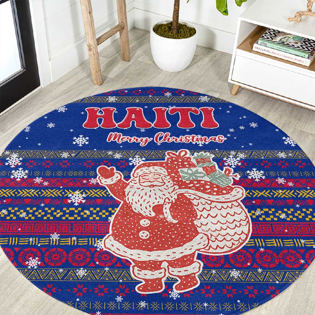 Haiti Christmas Round Carpet Blue Red Xmas Santa Snowflake and Map - African Pride