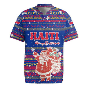 Haiti Christmas Rugby Jersey Blue Red Xmas Santa Snowflake and Map - African Pride