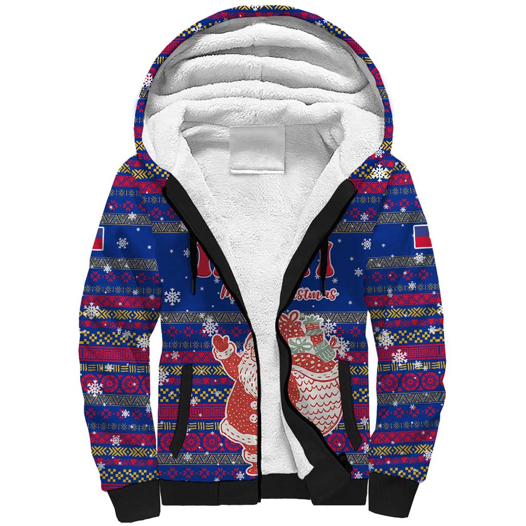Haiti Christmas Sherpa Hoodie Blue Red Xmas Santa Snowflake and Map - African Pride