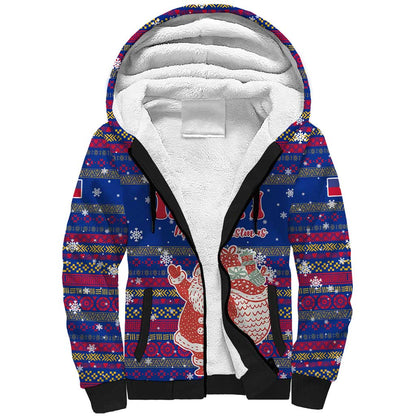 Haiti Christmas Sherpa Hoodie Blue Red Xmas Santa Snowflake and Map - African Pride