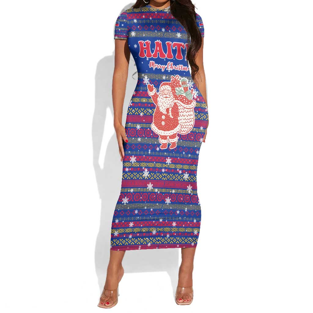 Haiti Christmas Short Sleeve Bodycon Dress Blue Red Xmas Santa Snowflake and Map - African Pride