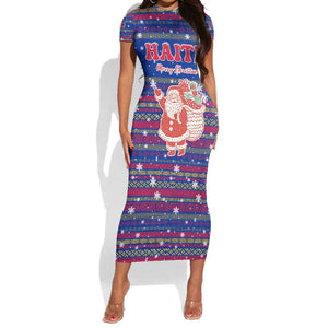 Haiti Christmas Short Sleeve Bodycon Dress Blue Red Xmas Santa Snowflake and Map - African Pride
