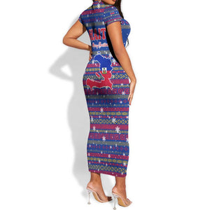 Haiti Christmas Short Sleeve Bodycon Dress Blue Red Xmas Santa Snowflake and Map - African Pride
