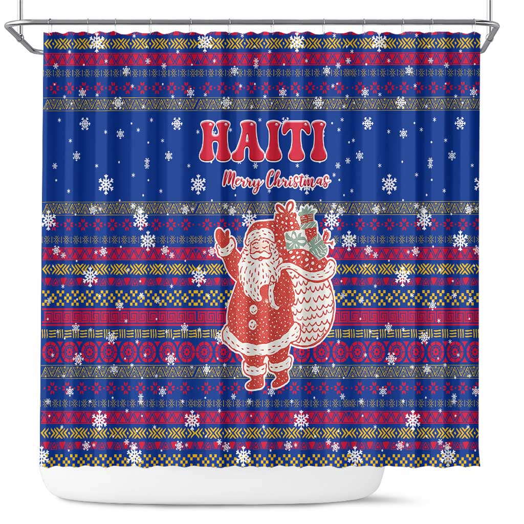 Haiti Christmas Shower Curtain Blue Red Xmas Santa Snowflake and Map - African Pride
