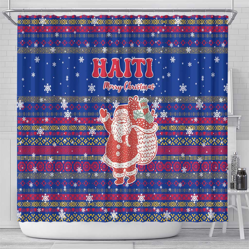 Haiti Christmas Shower Curtain Blue Red Xmas Santa Snowflake and Map - African Pride