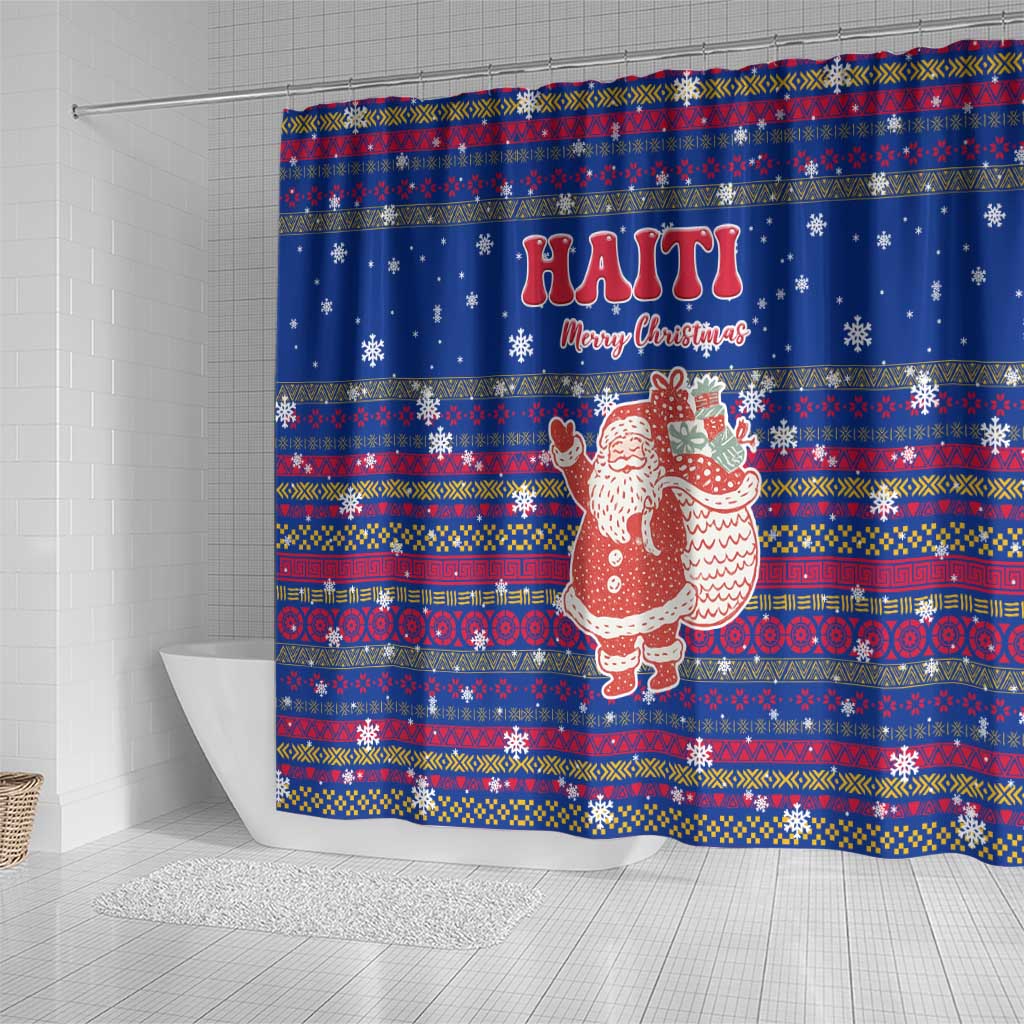 Haiti Christmas Shower Curtain Blue Red Xmas Santa Snowflake and Map - African Pride