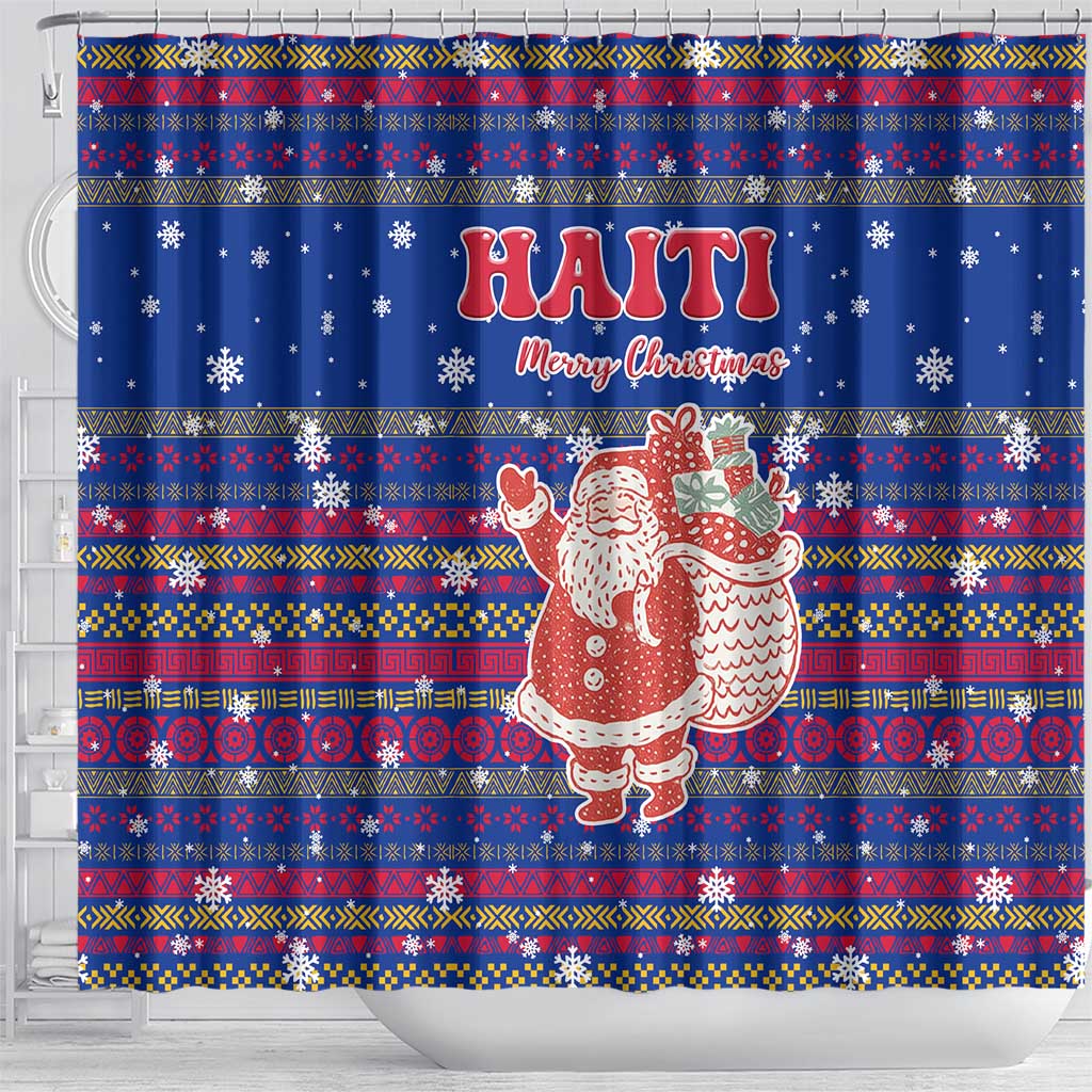 Haiti Christmas Shower Curtain Blue Red Xmas Santa Snowflake and Map - African Pride
