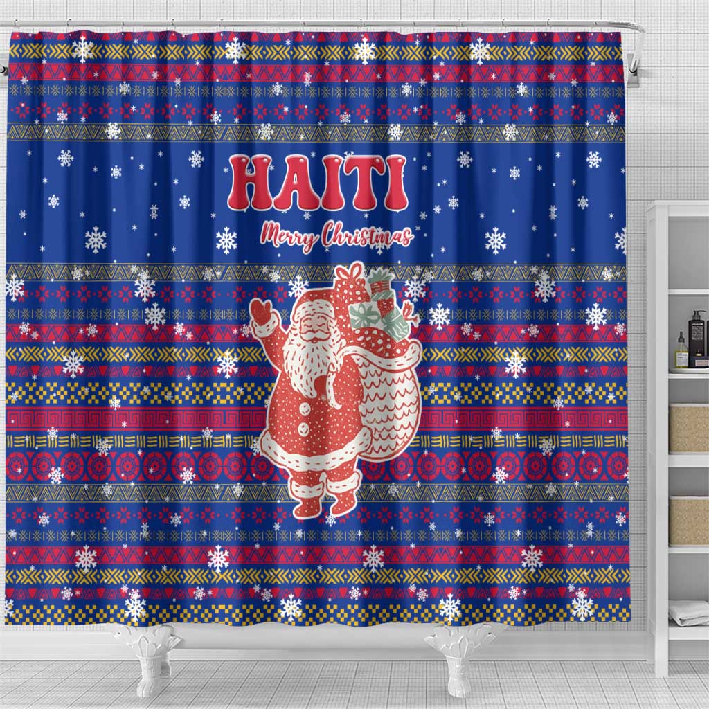 Haiti Christmas Shower Curtain Blue Red Xmas Santa Snowflake and Map - African Pride