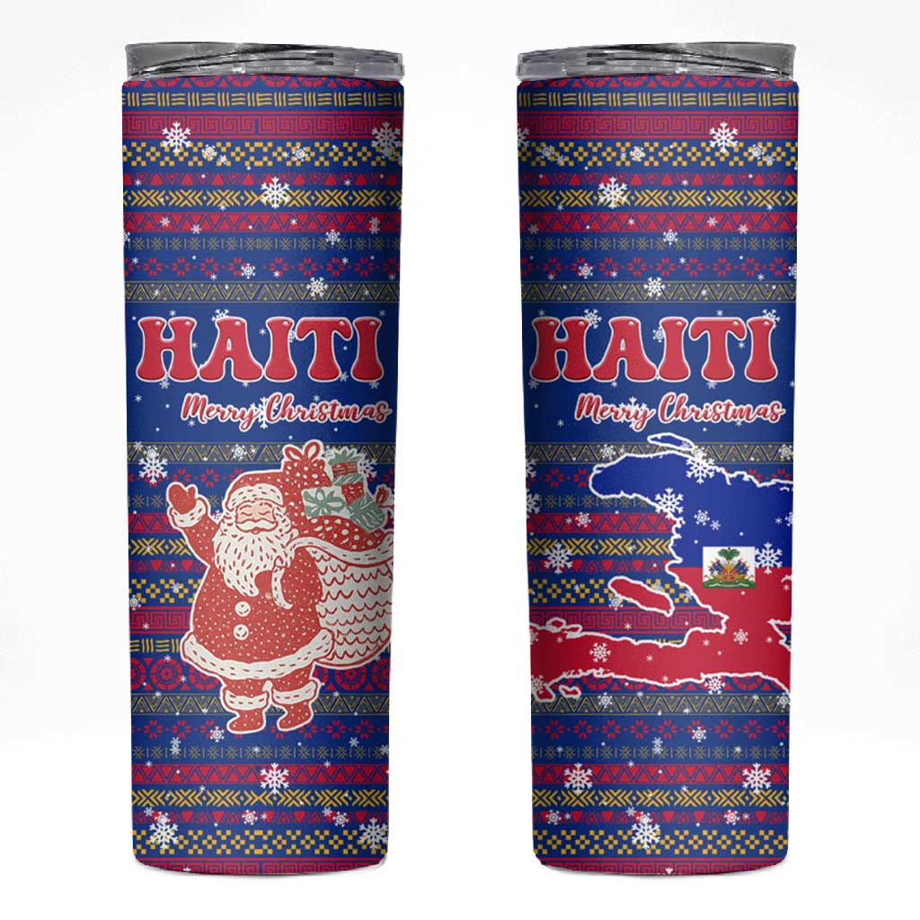 Haiti Christmas Skinny Tumbler Blue Red Xmas Santa Snowflake and Map - African Pride