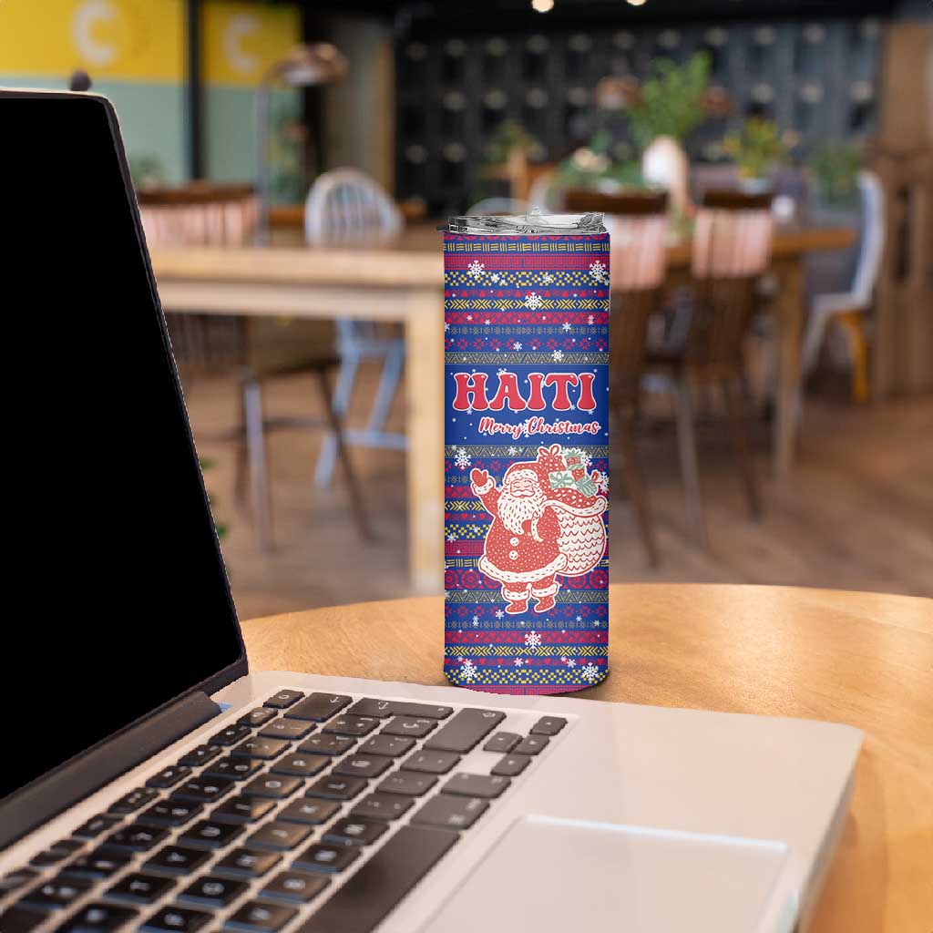 Haiti Christmas Skinny Tumbler Blue Red Xmas Santa Snowflake and Map - African Pride