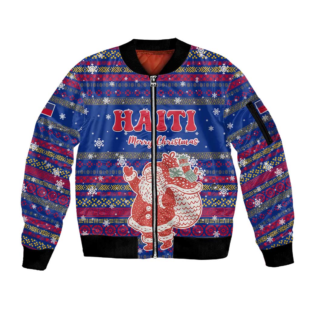 Haiti Christmas Sleeve Zip Bomber Jacket Blue Red Xmas Santa Snowflake and Map - African Pride