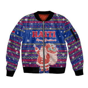 Haiti Christmas Sleeve Zip Bomber Jacket Blue Red Xmas Santa Snowflake and Map - African Pride