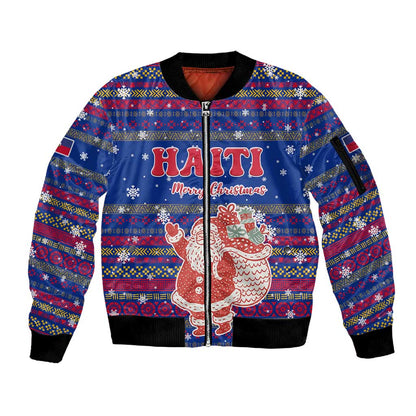Haiti Christmas Sleeve Zip Bomber Jacket Blue Red Xmas Santa Snowflake and Map - African Pride