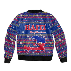 Haiti Christmas Sleeve Zip Bomber Jacket Blue Red Xmas Santa Snowflake and Map - African Pride