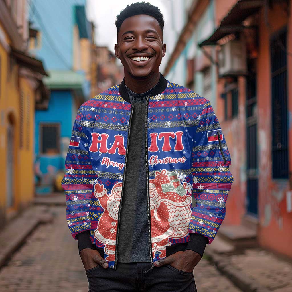 Haiti Christmas Sleeve Zip Bomber Jacket Blue Red Xmas Santa Snowflake and Map - African Pride