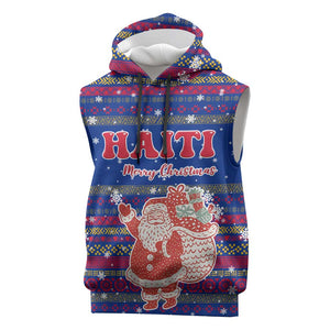 Haiti Christmas Sleeveless Hoodie Blue Red Xmas Santa Snowflake and Map - African Pride