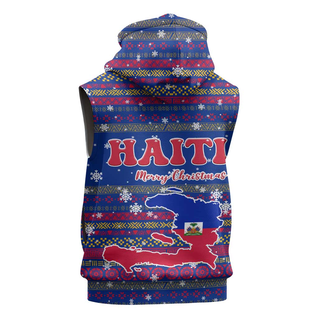 Haiti Christmas Sleeveless Hoodie Blue Red Xmas Santa Snowflake and Map - African Pride