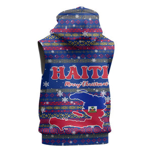 Haiti Christmas Sleeveless Hoodie Blue Red Xmas Santa Snowflake and Map - African Pride