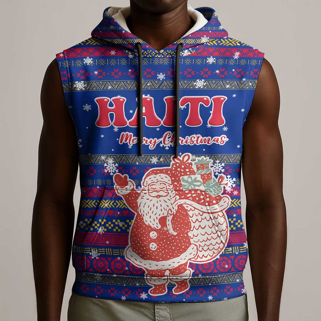 Haiti Christmas Sleeveless Hoodie Blue Red Xmas Santa Snowflake and Map - African Pride
