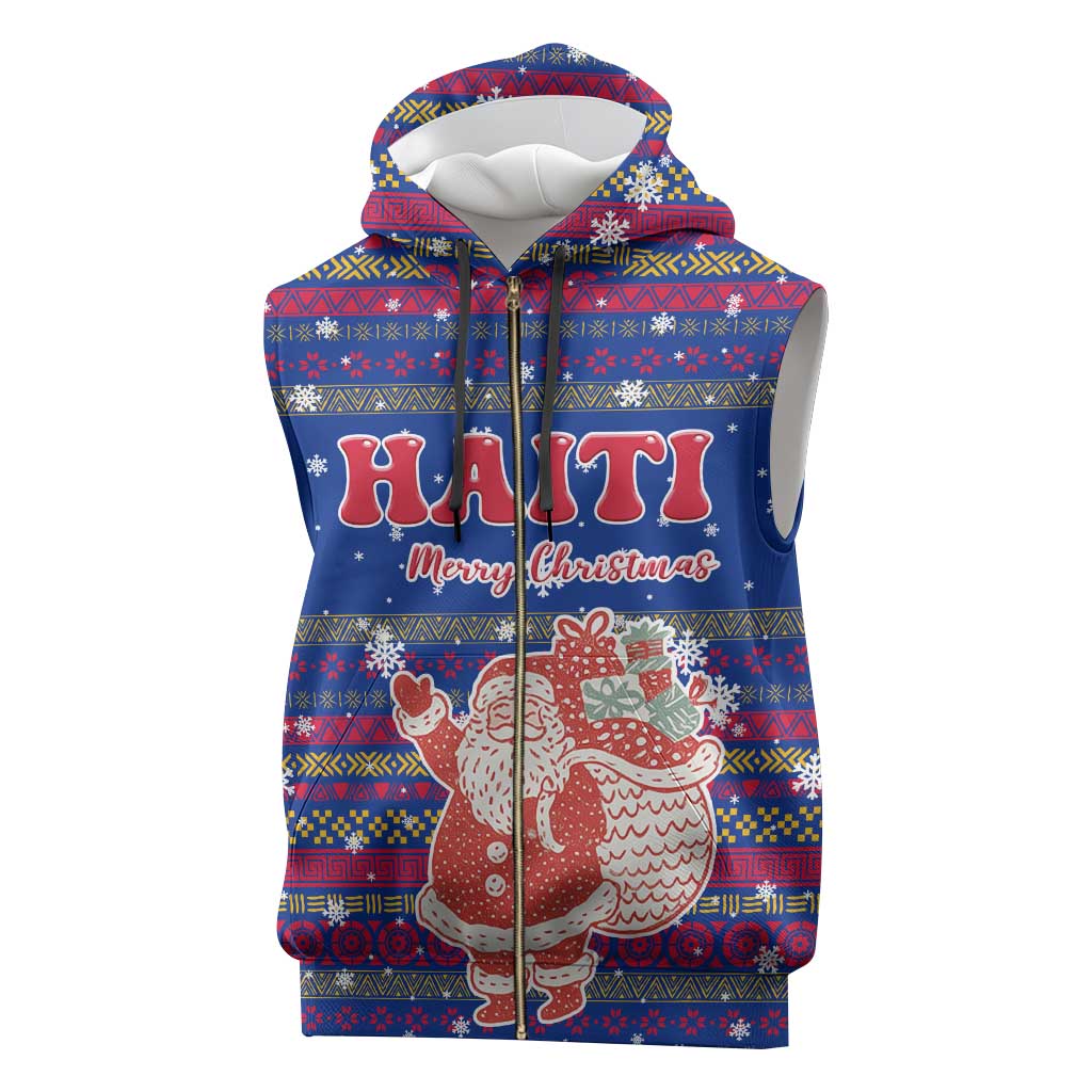 Haiti Christmas Sleeveless Zip Hoodie Blue Red Xmas Santa Snowflake and Map - African Pride