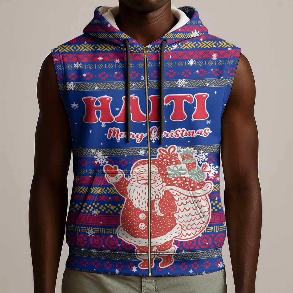 Haiti Christmas Sleeveless Zip Hoodie Blue Red Xmas Santa Snowflake and Map - African Pride