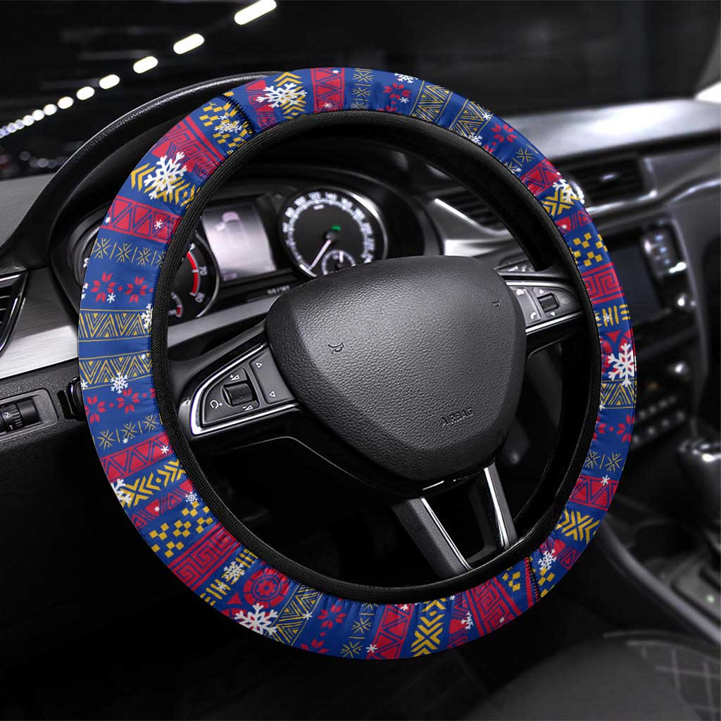 Haiti Christmas Steering Wheel Cover Blue Red Xmas Santa Snowflake and Map - African Pride