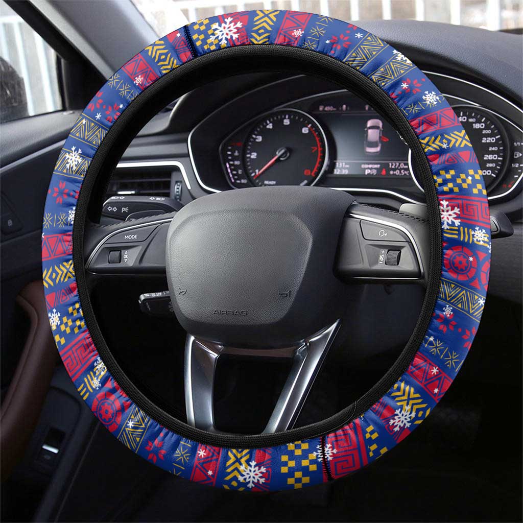 Haiti Christmas Steering Wheel Cover Blue Red Xmas Santa Snowflake and Map - African Pride