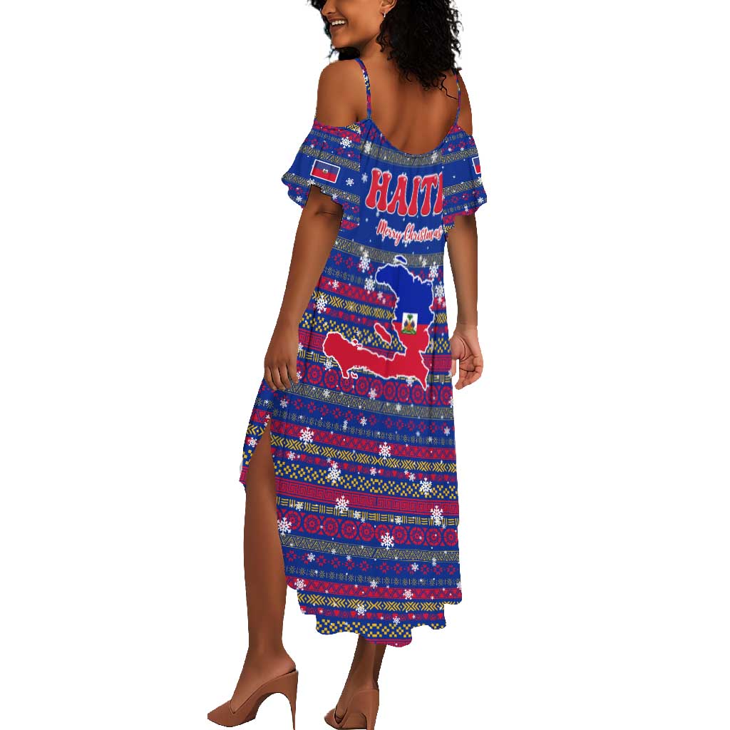 Haiti Christmas Summer Maxi Dress Blue Red Xmas Santa Snowflake and Map - African Pride