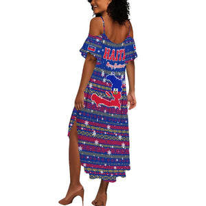 Haiti Christmas Summer Maxi Dress Blue Red Xmas Santa Snowflake and Map - African Pride