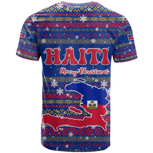 Haiti Christmas T shirt Blue Red Xmas Santa Snowflake and Map - African Pride