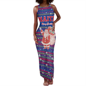 Haiti Christmas Tank Maxi Dress Blue Red Xmas Santa Snowflake and Map - African Pride
