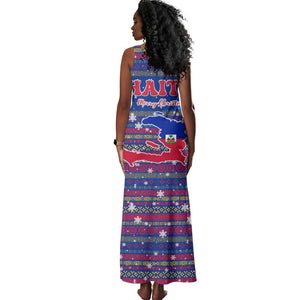 Haiti Christmas Tank Maxi Dress Blue Red Xmas Santa Snowflake and Map - African Pride