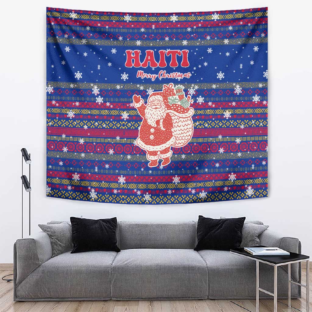 Haiti Christmas Tapestry Blue Red Xmas Santa Snowflake and Map - African Pride