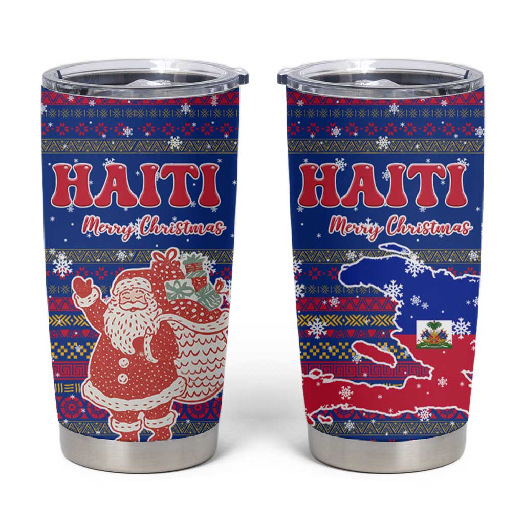 Haiti Christmas Tumbler Cup Blue Red Xmas Santa Snowflake and Map - African Pride