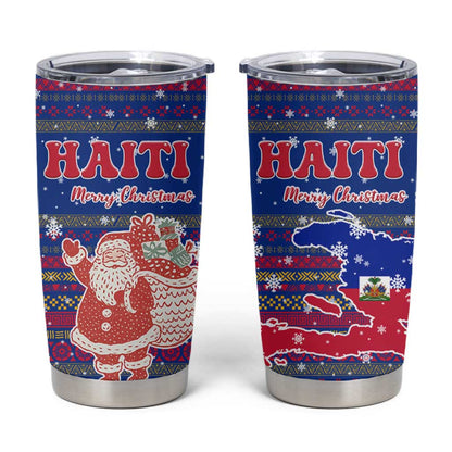 Haiti Christmas Tumbler Cup Blue Red Xmas Santa Snowflake and Map - African Pride