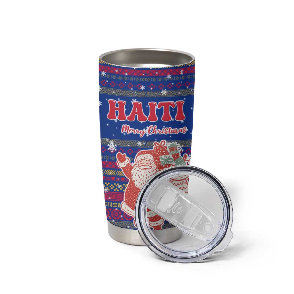 Haiti Christmas Tumbler Cup Blue Red Xmas Santa Snowflake and Map - African Pride