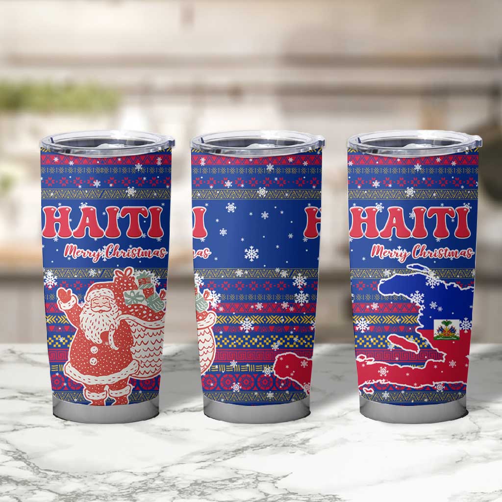 Haiti Christmas Tumbler Cup Blue Red Xmas Santa Snowflake and Map - African Pride