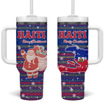 Haiti Christmas Tumbler With Handle Blue Red Xmas Santa Snowflake and Map - African Pride
