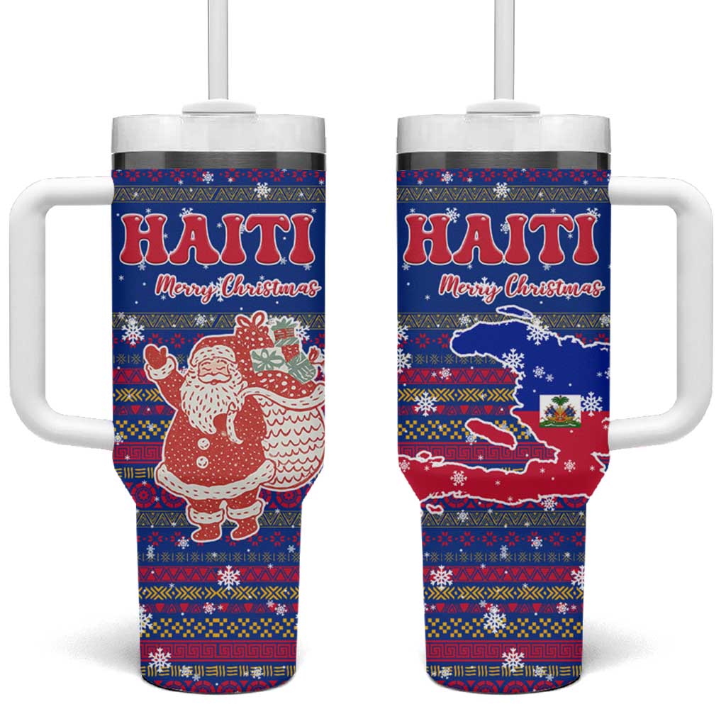 Haiti Christmas Tumbler With Handle Blue Red Xmas Santa Snowflake and Map - African Pride