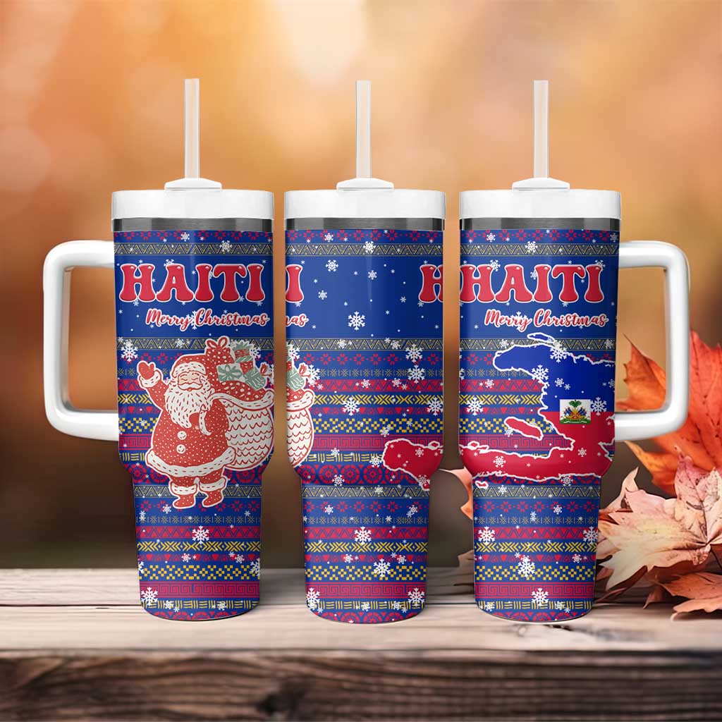 Haiti Christmas Tumbler With Handle Blue Red Xmas Santa Snowflake and Map - African Pride
