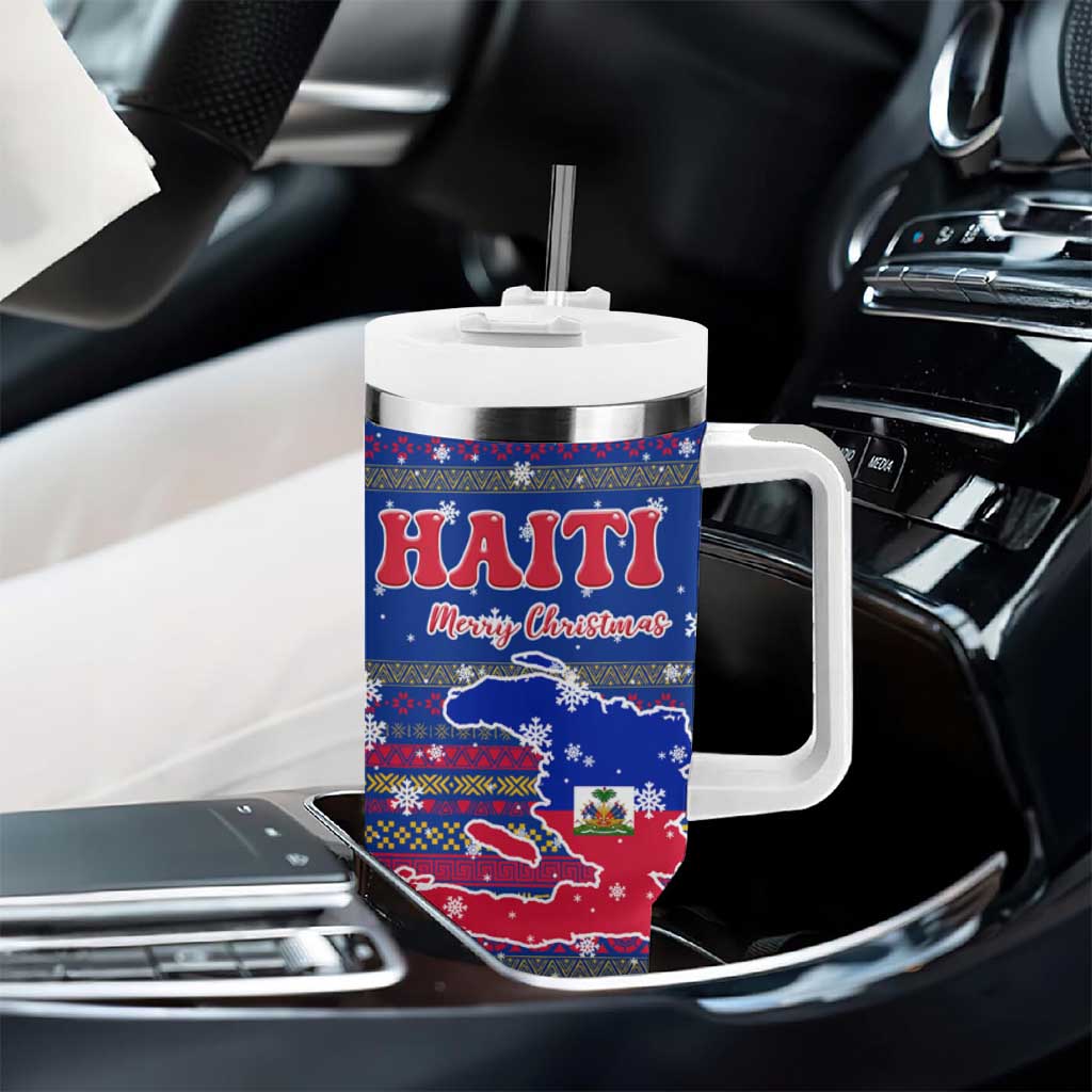 Haiti Christmas Tumbler With Handle Blue Red Xmas Santa Snowflake and Map - African Pride
