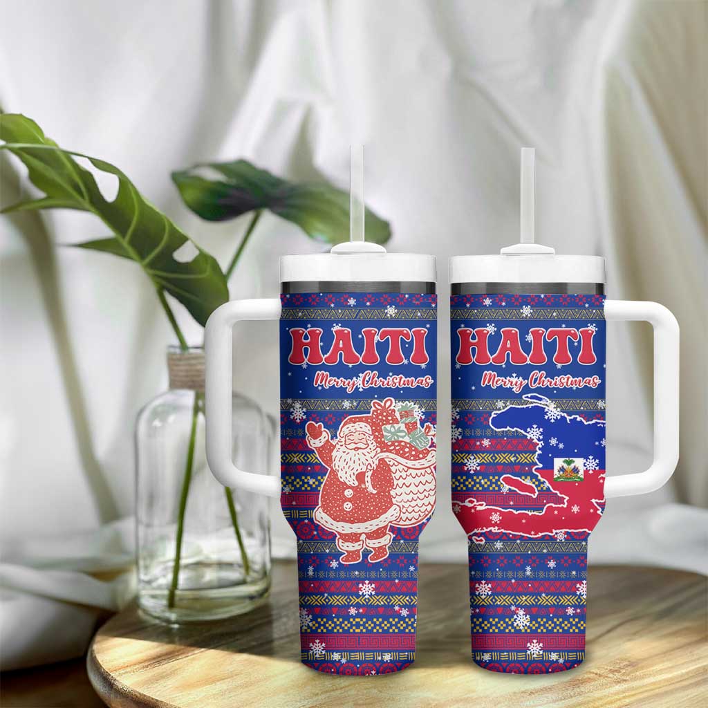 Haiti Christmas Tumbler With Handle Blue Red Xmas Santa Snowflake and Map - African Pride